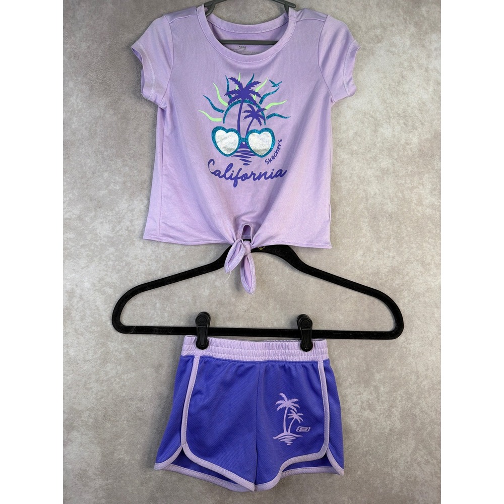 Skechers Short Set Girls 18M Purple California Palm‎ Tree Tie Front Mesh 2PC